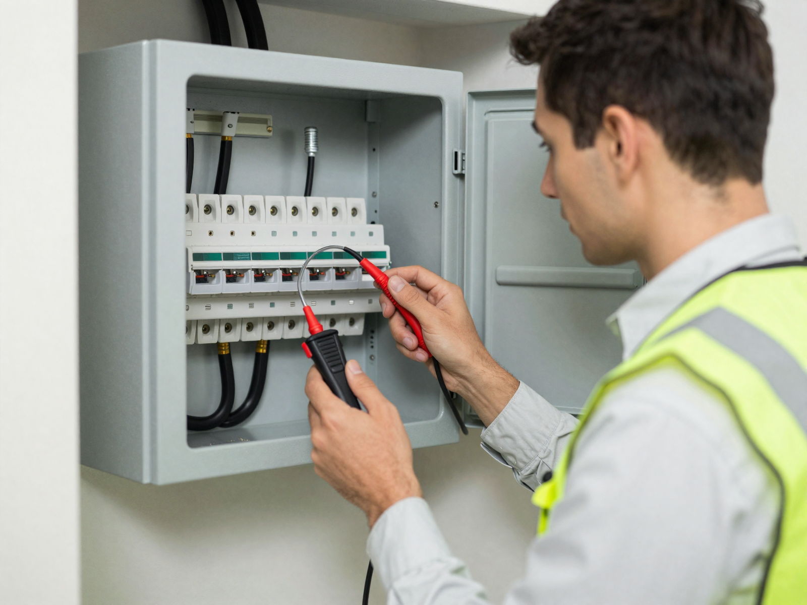 Electrician inspecting residential electrical panel