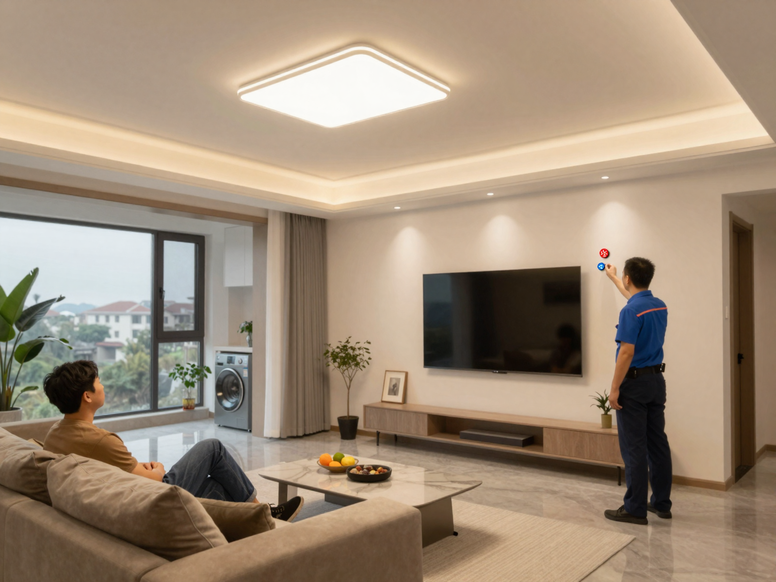 Finished residential living room with smart lighting installation